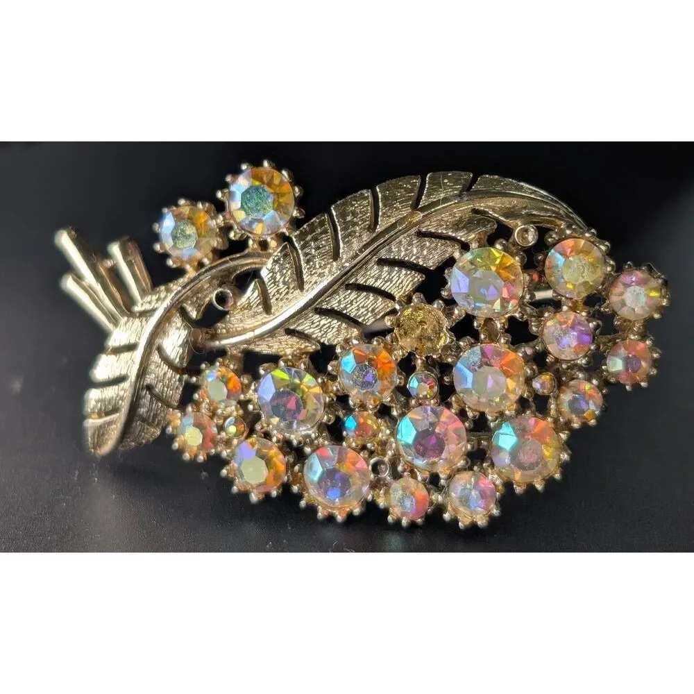 Vintage AB Rhinestone Leaf Brooch Gold Tone Signed C Missing Stones
